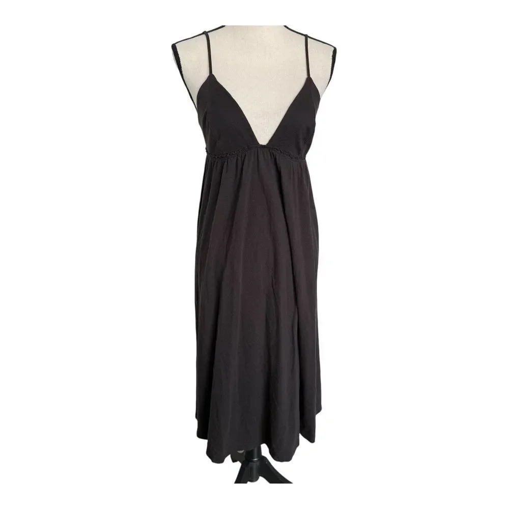 Free People Beach Black A-line Spaghetti Strap Deep V-Neck Midi Dress Womens S